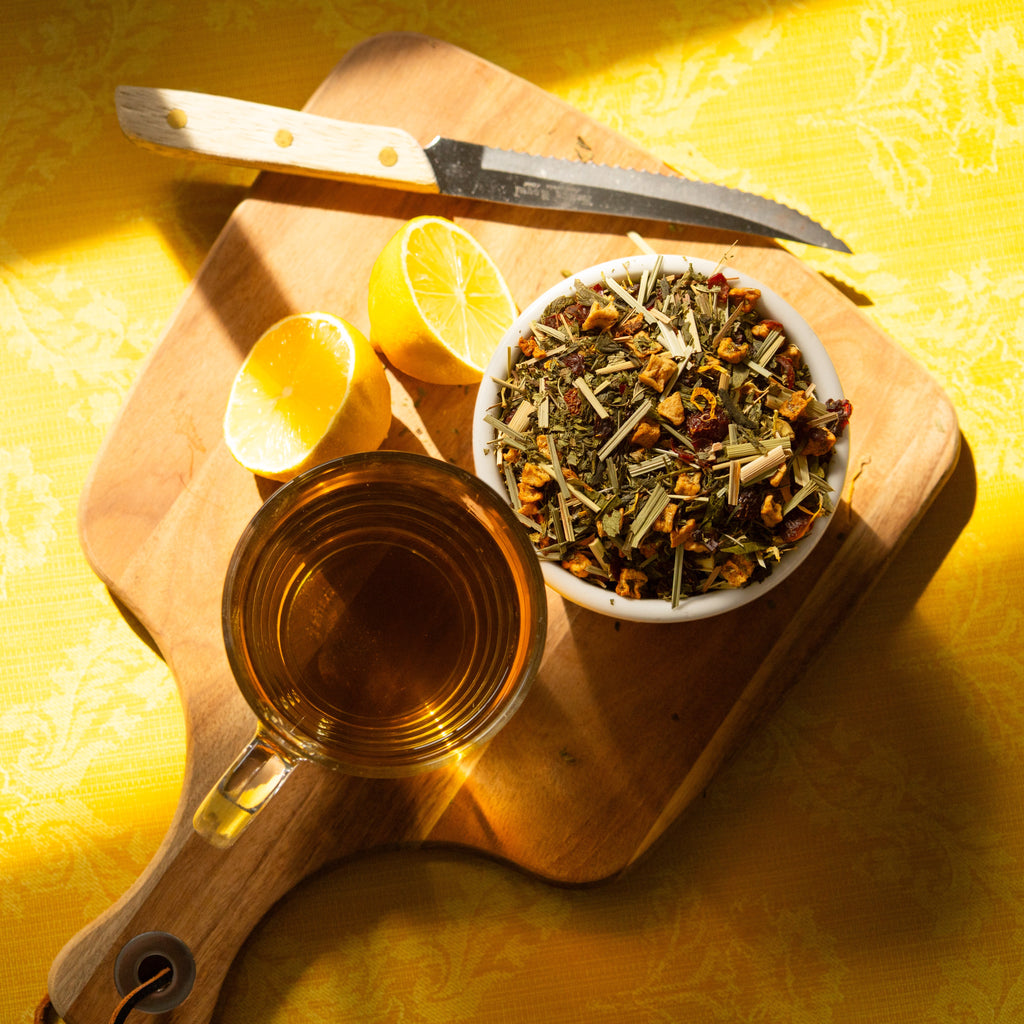 Medicine Ball tea, loose leaf and brewed, with lemons.