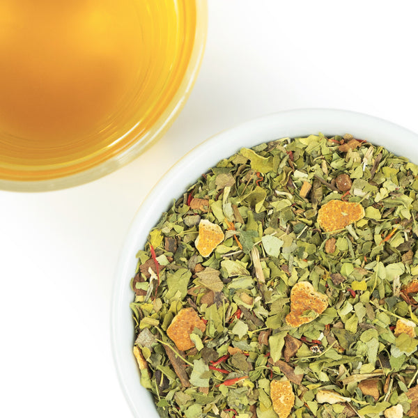 Mindful Orange Moringa loose leaf tea and brewed.