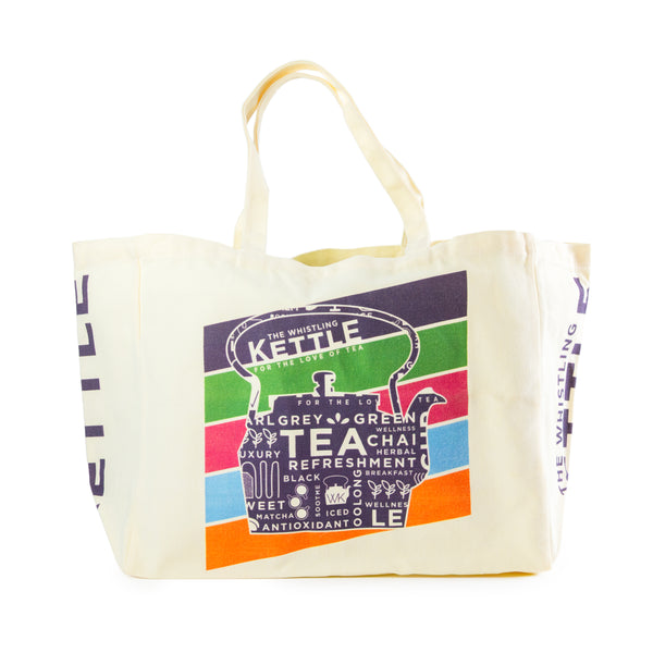 Front view of a canas tote bag with a Whistling Kettle logo printed on it