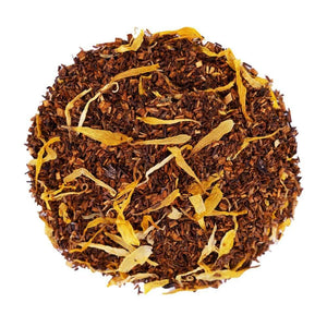 Top mound picture of The Whistling Kettle Belgian Chocolate rooibos tea with calendula petals and chocolate bits.