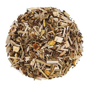 Top mound picture of The Whistling Kettle Calming tea with Tusli holy basil, lemongrass, and orange peel.