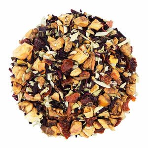 Top mound picture of The Whistling Kettle Cleanse tea with apple pieces, hibiscus, senna leaves, rosehips, and pomegranate pieces.