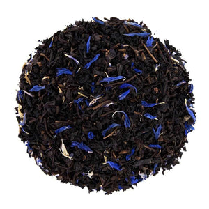 Top mound picture of The Whistling Kettle Decaf Earl Grey black tea with blue cornflowers.