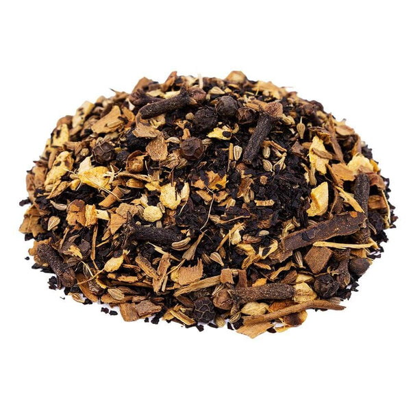 Side mound picture of The Whistling Kettle Masala Chai black tea with spices.