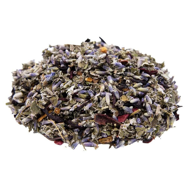 Side mound pictures of The Whistling Kettle Raspberry Lavender tea with lavender, hibiscus, and orange peel.