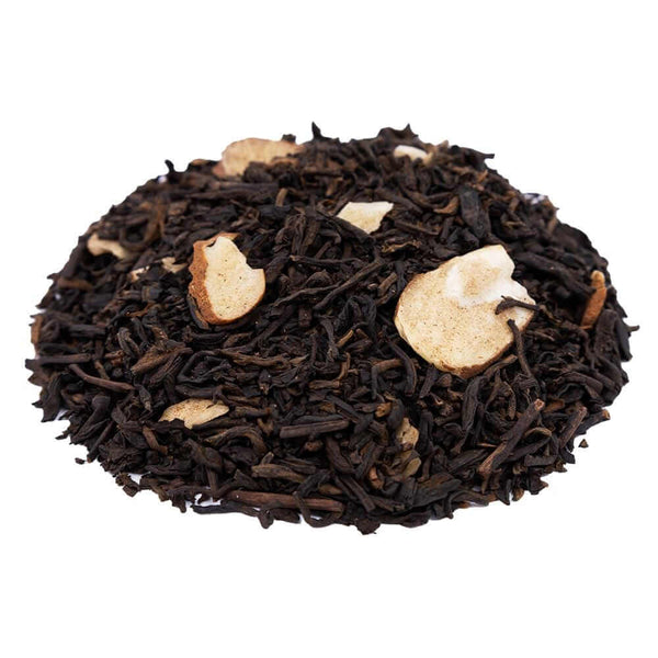 Side mound picture of The Whistling Kettle Scottish Caramel Pu-Erh tea with sliced almonds and toffee bits.