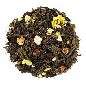 Top  mound picture of The Whistling Kettle Strawberry Orange green tea with orange peel, dried strawberry, and flower petals.